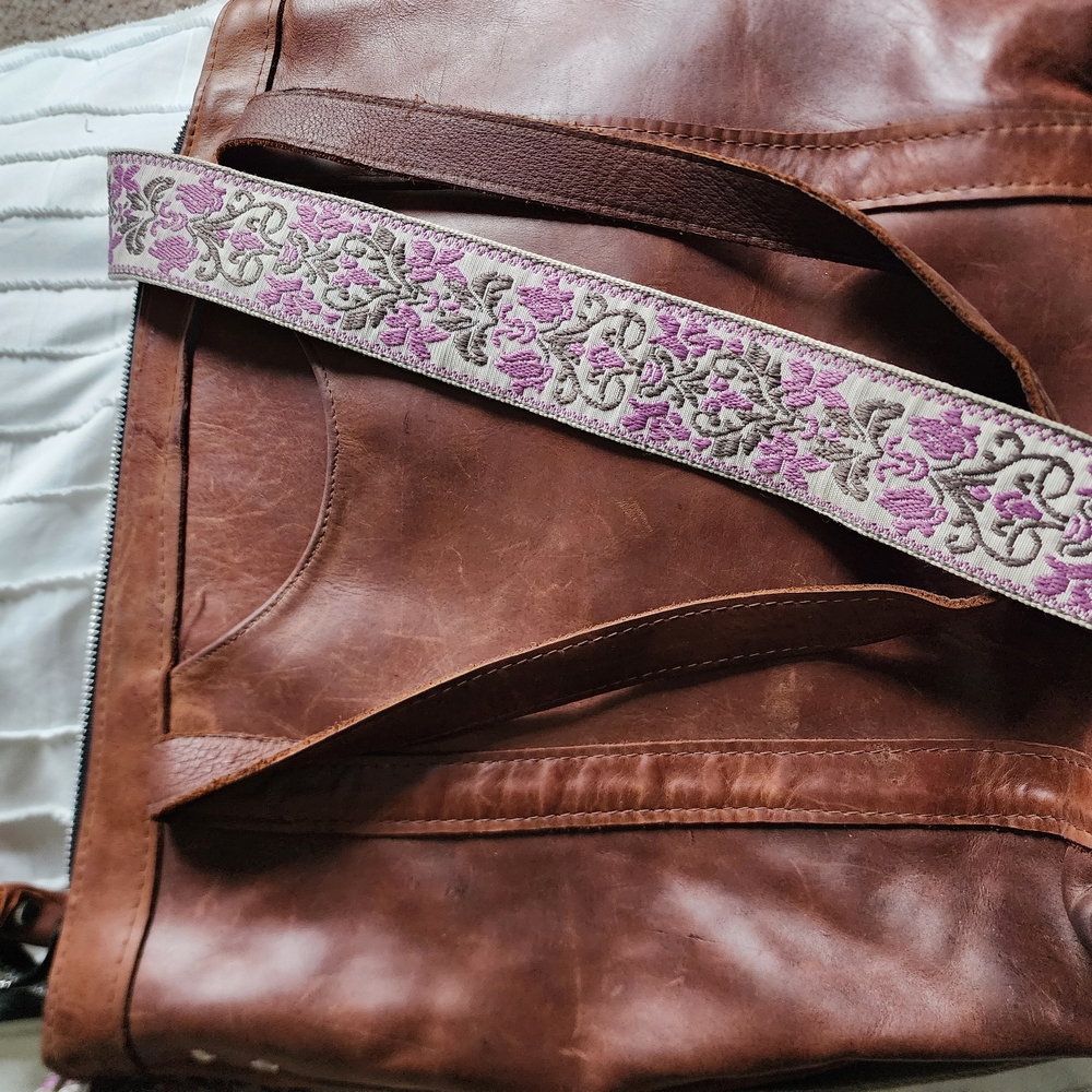 Genuine Leather Brown Crossbody with Embroidered Strap